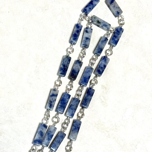 Genuine Blue White Sodalite Matinee Necklace, Gemstone & Paw Print Heart Beat - Picture 8 of 14